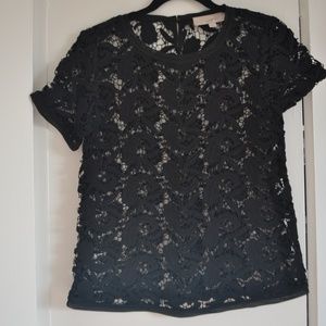 LOFT Black Floral Lace Short-Sleeve Top